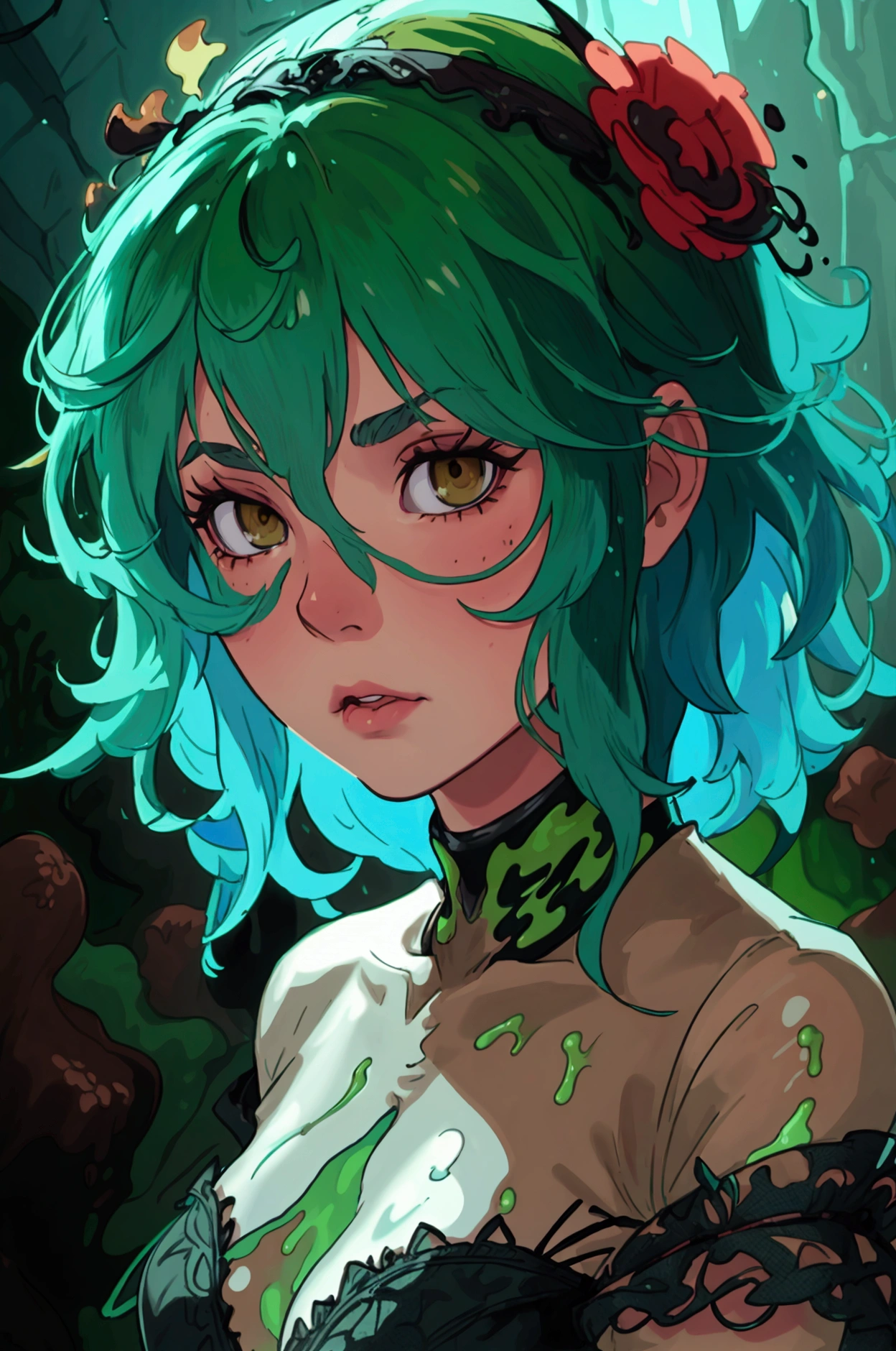 Adult slime girl green skin, with brown eyes, semi-blue and semi-green hair, wearing a black dress
