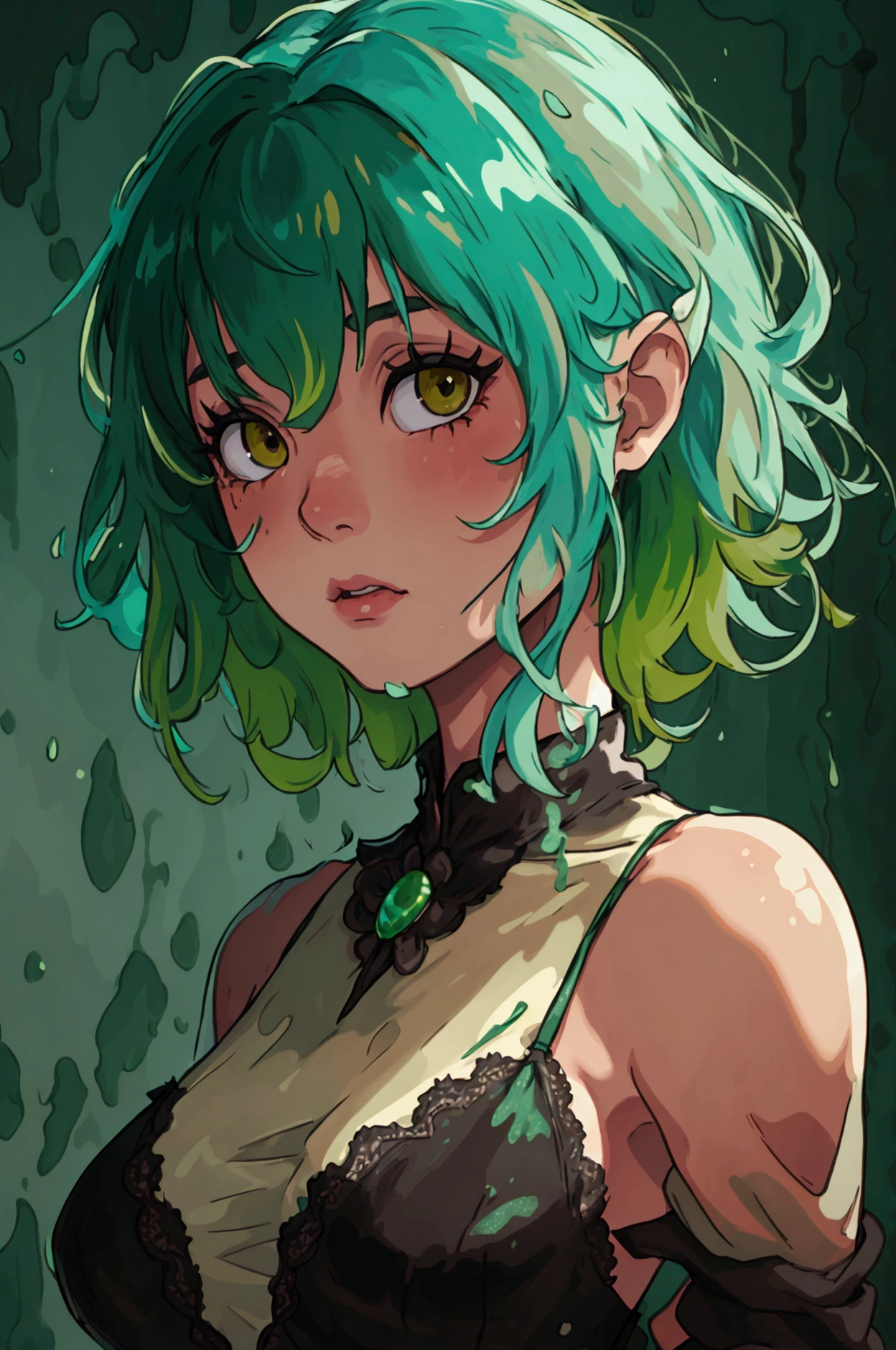Adult slime girl green skin, with brown eyes, semi-blue and semi-green hair, wearing a black dress