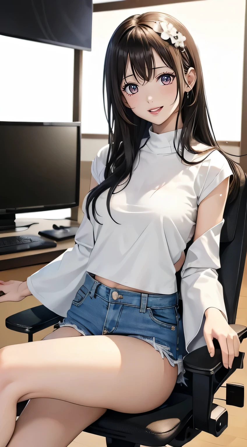 Young Japanese idol with long black hair, (Ample breasts). He is wearing a short-sleeved white T-shirt and denim shorts, Sitting on a chair in a TV studio. She is smiling warmly at the camera. Studio lighting can be seen in the background.