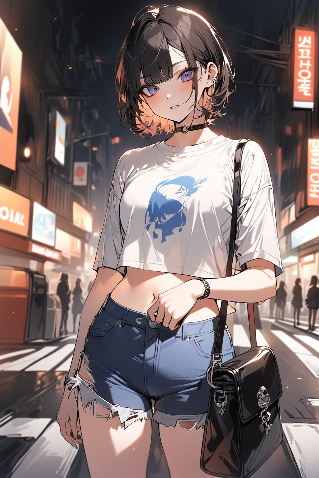 Young woman in white shirt and blue shorts standing on street corner, Korean female fashion models, Paired with a ripped cropped T-shirt, Wearing a sexy cropped top, Wearing a cropped top, Beautiful young Korean woman, Wearing a cropped tops, 2 female models, Wearing a crop top, Korean Girl, Beautiful young Korean woman, Short wide sleeves