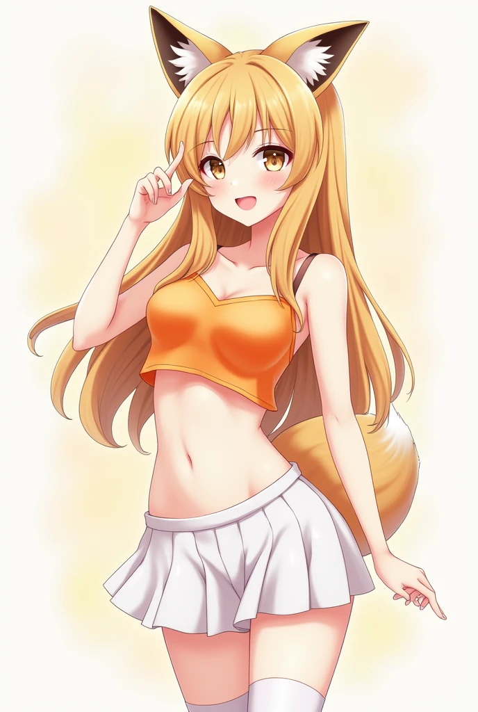 Anime beautiful girl smiley face with a fox ear wearing an beautiful orange crop top, white short skirt and stocking. no background