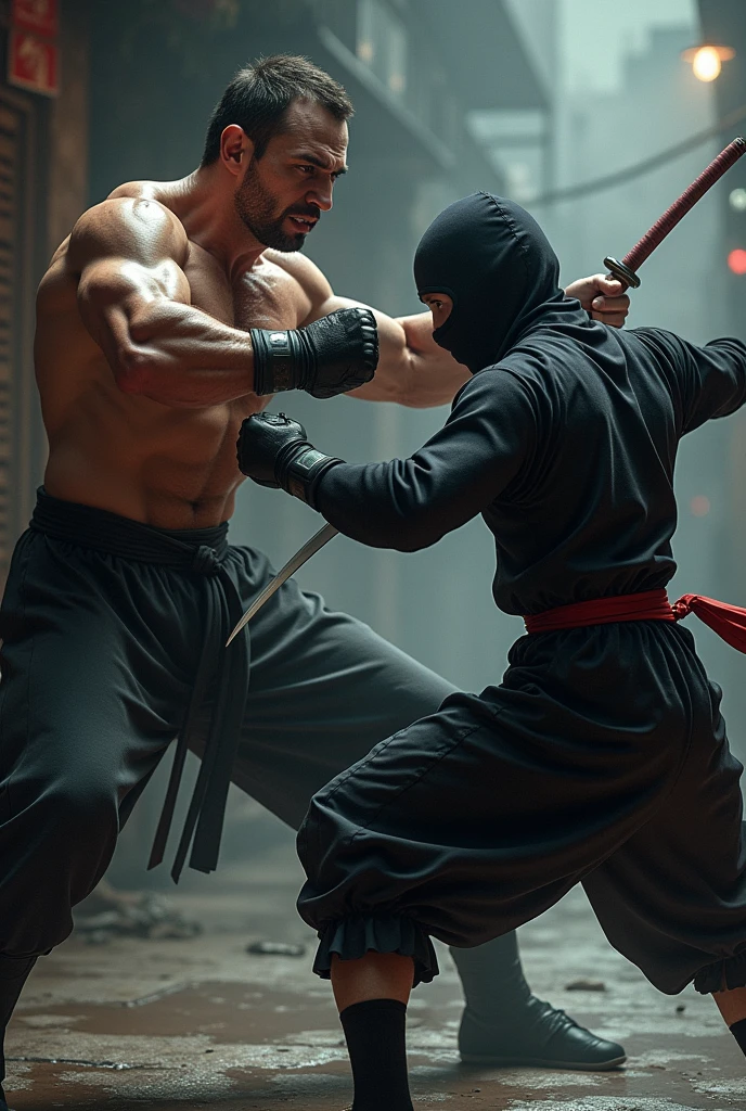 A fighter,masculine, punching a ninja,using a katana.