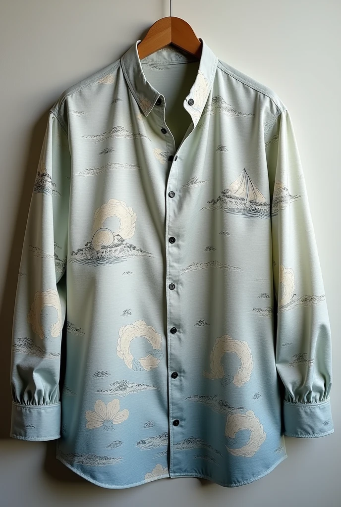 A japanese art inspired themed silk shirt with a tiny anchor on the left side