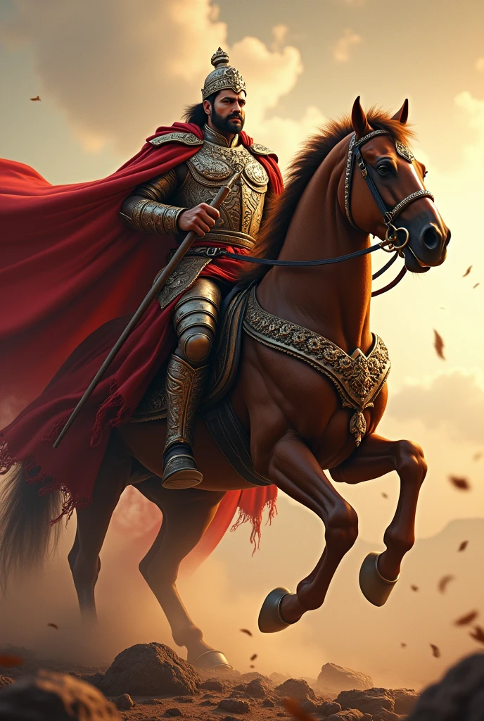 

"Ek grand scene jahan ek majboot maharaja ek shaktishaali ghode par sawar hai. Maharaja ka vishal aur atharv shaktishaali roop hai, aur usne zordaar armor aur veer-rashak shashan pehna hua hai. Ghode ka rang gehra hai aur uski sharir ki majbooti aur sundarta ko darshata hai. Maharaja ka haath ek teer se bhara hua hai aur uski nazar aage ko focused hai, jaise woh ek aaj ke vijay ka prateek ho. Pura drishya ek mahaan aur vijay ki feeling ko darshata hai, jahan maharaja aur ghoda ek saath adbhut aur shaktishaali drishya bana rahe hain."