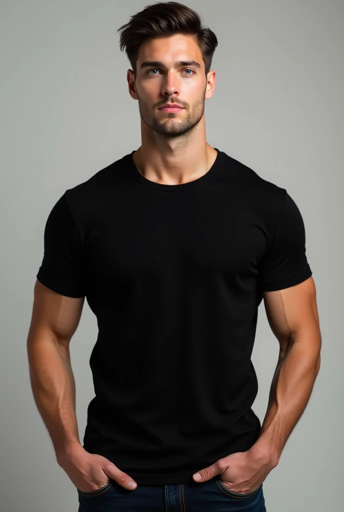handsome man 25 years ol, toned body, short dark hair and blue eyes, black t-shirt and jeans, manly