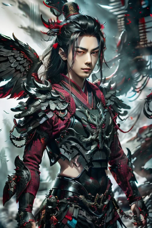 Handsome young xianxia protagonist,man,guy,long black obsidian hair, use floating phoenix crown,Crimson red eyes ,eyes focus detailed((no noice)),(((no noice))),and long black hair ,(no noice)),use armour featuring like pattern on taotie chinese divine beast((search image for taotie chinese beastiary))with black dominant color,pauldron protective shape like dragon head,breastplate featuring like Tao tie,breastplate detailed featuring taotie shape,shoulder protective dragon shape like taotie,sun and moon background, black dominant color,black dominant color, black dominant color armour,with majestic silver line , ((no noice))And demonic red wings at back,wings at back,terrifying aura around,24K ultra hd,face and eyes detail,lips and face detail,masterpiece ,better quality,ultraa realistic face((no noice)),good face proportion,non noice face,reality face,eyes detailed,((perfect face)),perfect eyes ,perfect lips proportion((balance lips)),perfect face proportion,((balance proportion of face)),((balance and perfect left and right eyes proportion)),((masterpiece))