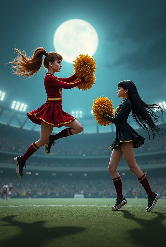 Hermione Granger and Wednesday Addams, two iconic characters from different worlds, brought together in a spirited competition as cheerleaders for opposing teams. Hermione, with her bright Gryffindor uniform and a wand tucked into her cheer belt, leaps into the air with a graceful toe-touch, her red and gold pom-poms fluttering around her. Her hair is tied back in a high ponytail, revealing a determined look on her face as she executes a perfect split. Across the field, Wednesday Addams, dressed in the gothic hues of her signature Pugsley Academy attire, stands tall and poised. Her long black hair streams behind her as she performs an intricate series of cheers with deadpan expressions, her hands moving in sharp, precise movements that almost seem to cast spells of their own. Each holds a banner with their respective team's mascot, Hermione's a majestic lion and Wednesday's a creepy, grinning skull. The stark contrast in their outfits and expressions reflects the distinctive school spirits they represent, yet a hint of mutual respect shines through their intense rivalry. The scene is set in a moonlit stadium, with their teams engaged in a heated match in the background, casting dramatic shadows across the field. The vibrant colors of the uniforms and the dynamic poses of the cheerleaders create a lively, almost magical tension in the air, capturing the essence of a supernatural showdown between the worlds of Harry Potter and The Addams Family.