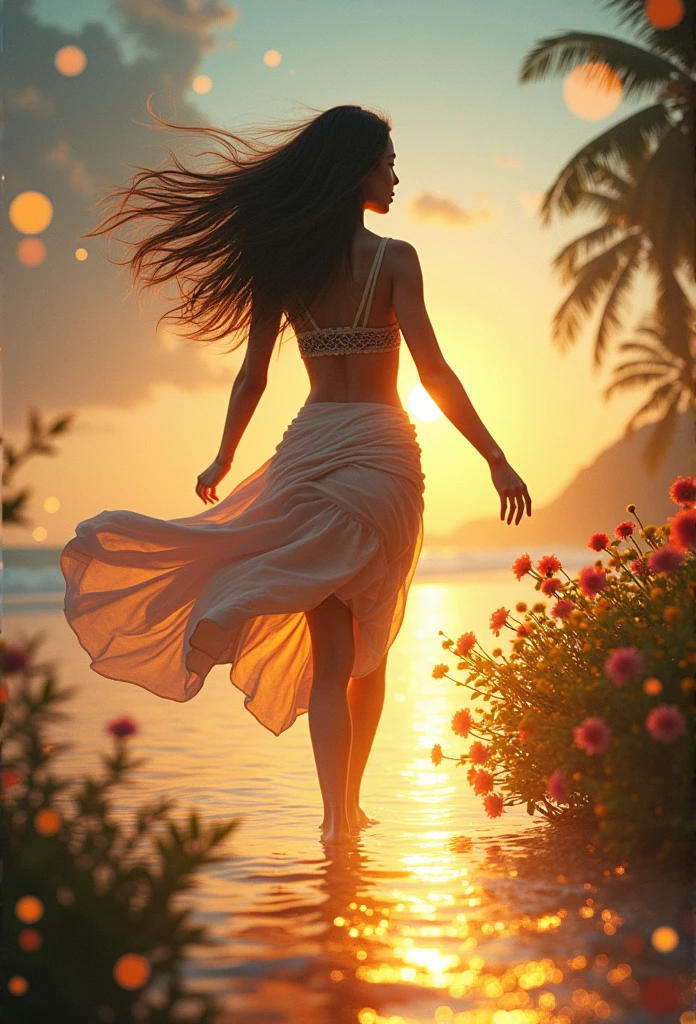 Bright Themes, Mysterious and luminous spiritual environment, celestial body atmosphere, realistic, 1 beautiful egyptian girl, short skirt, Shall we dance_Dynamic pose, aesthetic, , Beach, flowers, nature, (double exposure background through 아름다운 woman transparent silhouette figure), (shining spiritual atmosphere, Fascinating Light, shining lights, celestial body atmosphere, Fascinating Light, complementary color, Fascinating colors, dramatic lighting, Aura of fascination), closeup, Close-up shot of the subject,