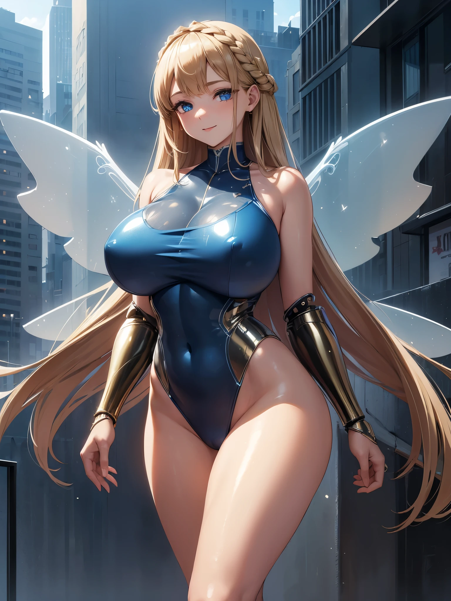 (((masterpiece))), (((best quality))), ((ultra-detailed)), (illustration), ((an extremely delicate and beautiful)), ((super detail)), ((high resolution)), (((20 years old))), metallic cloth, (competition swimsuit), (android), ((mechanical wings)), delicate metal decorations, gleaming skin, shiny body, two legs, breast focus, (((tall))), slender legs, ((big round eyes)), cute eyes, drooping eyes, ((adult)), two hands, five fingers, no extra hands, elegant smile, braid, medium length hair, ((metallic blue)), (see-through), (dark blonde), (ultra-huge breasts), (shining brightly), outdoor, mini skirt, city, daytime, ((biopunk)),
