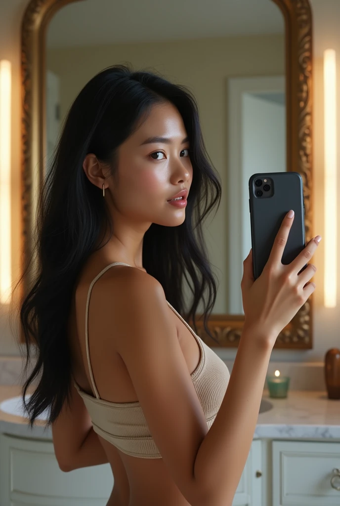 Make a super realistic asian girl tanned girl mirror selfie with a phone