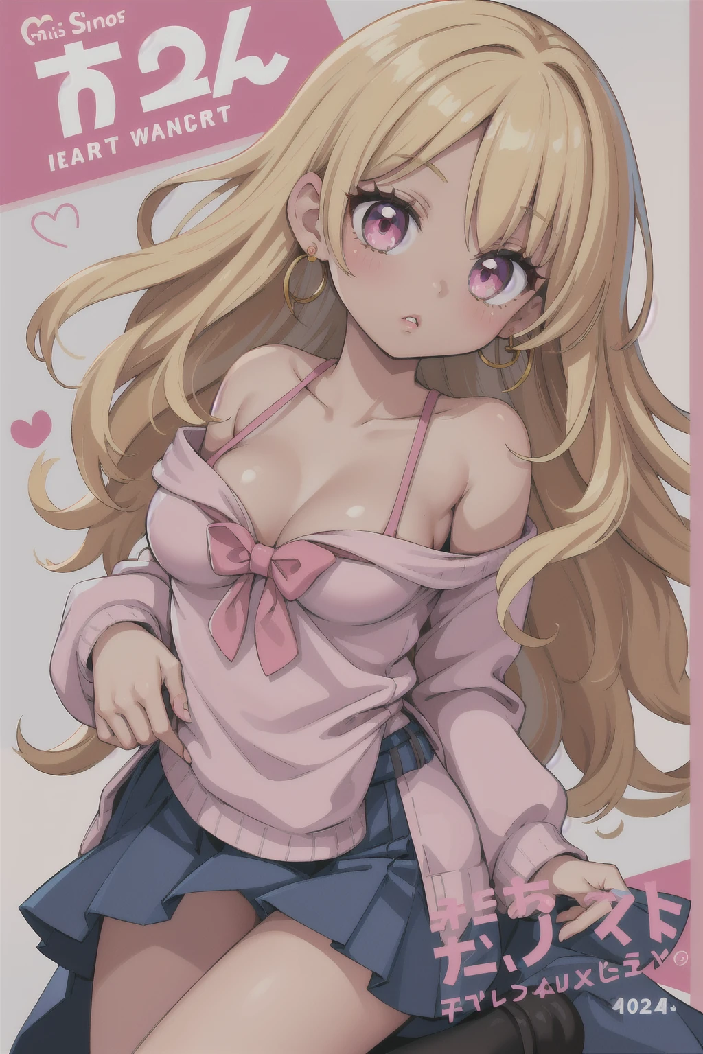 (masterpiece, best quality), 1girl, nude, Miss, Tall, Fit, Square Face, Dark Skin, blonde Hair, pink Eyes, Straight Nose, full Lips, Receding Chin, Long Hair, Wavy Hair, gyaru hair, full breasts, earrings, lipstick, gyaru, gyaru loose school clothes, vibrant colors,