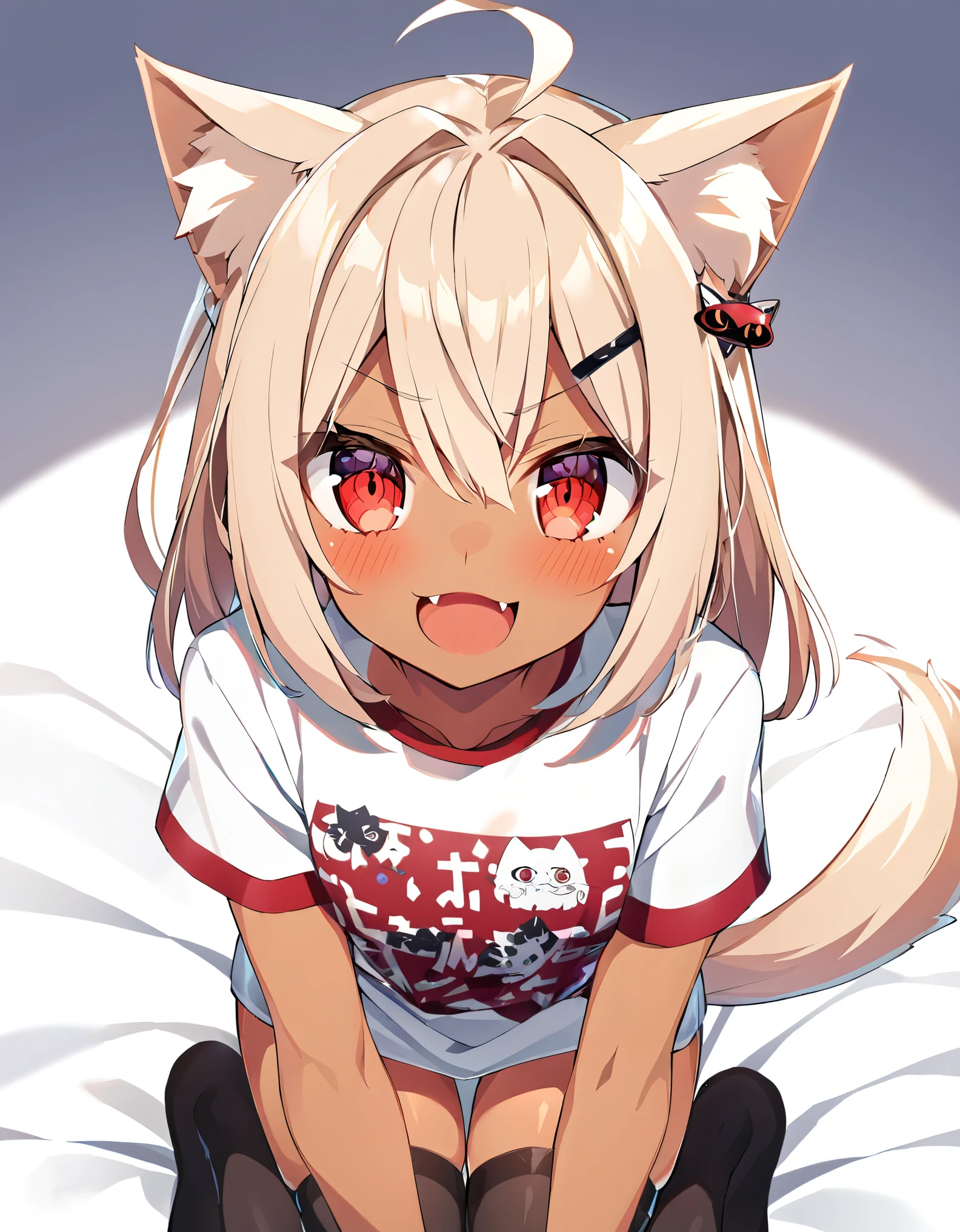 highres,1girl,animal ears,bangs,blush,red eyes,open mouth,fang,dark-skinned female,hair between eyes,hair ornament,hairclip,looking at viewer,smile,solo,v-shaped eyebrows,thighhighs,underwear,Tシャツ,nekomimi,