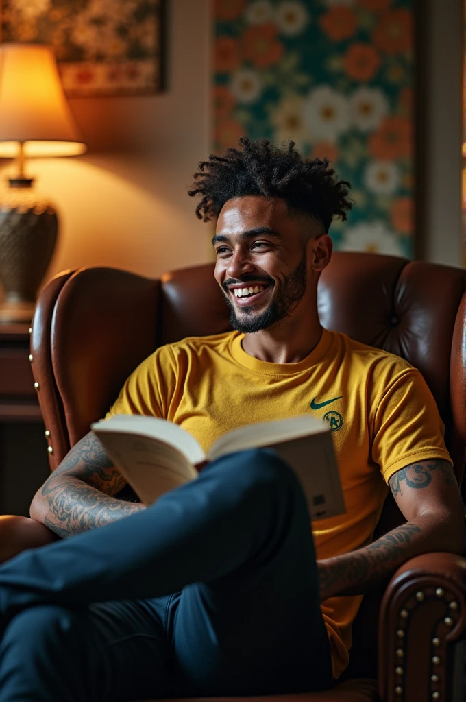 take a picture of neymar sitting on a chair telling a story for the image