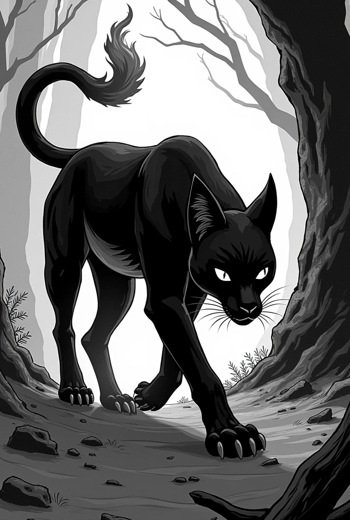 A fossa, tip of tail is flames, manga, black and white, anime manga