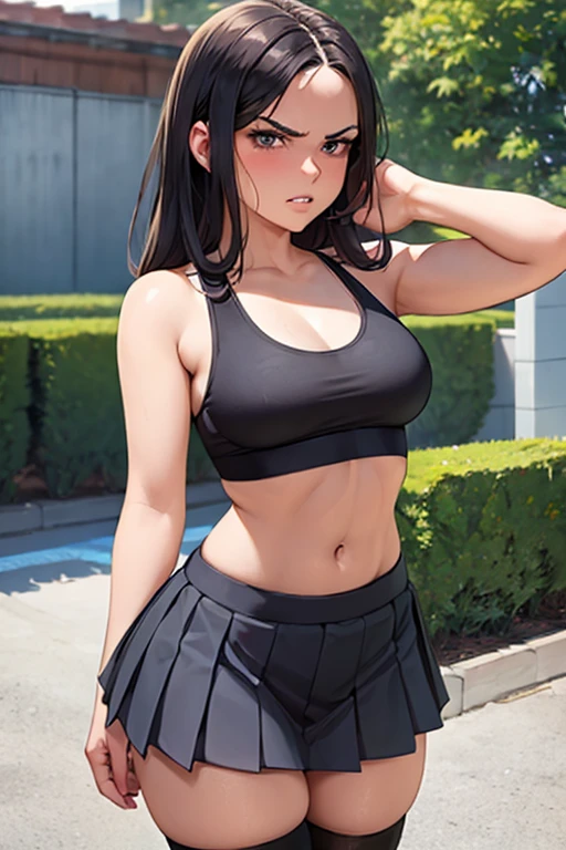 (best quality), (masterpiece), 1 girl, early 20's, small breasts, busty, perky breasts, thick, thick lips, wide hips, thin waist, angry face, angry expression, pleated skirt, knee socks, sports bra