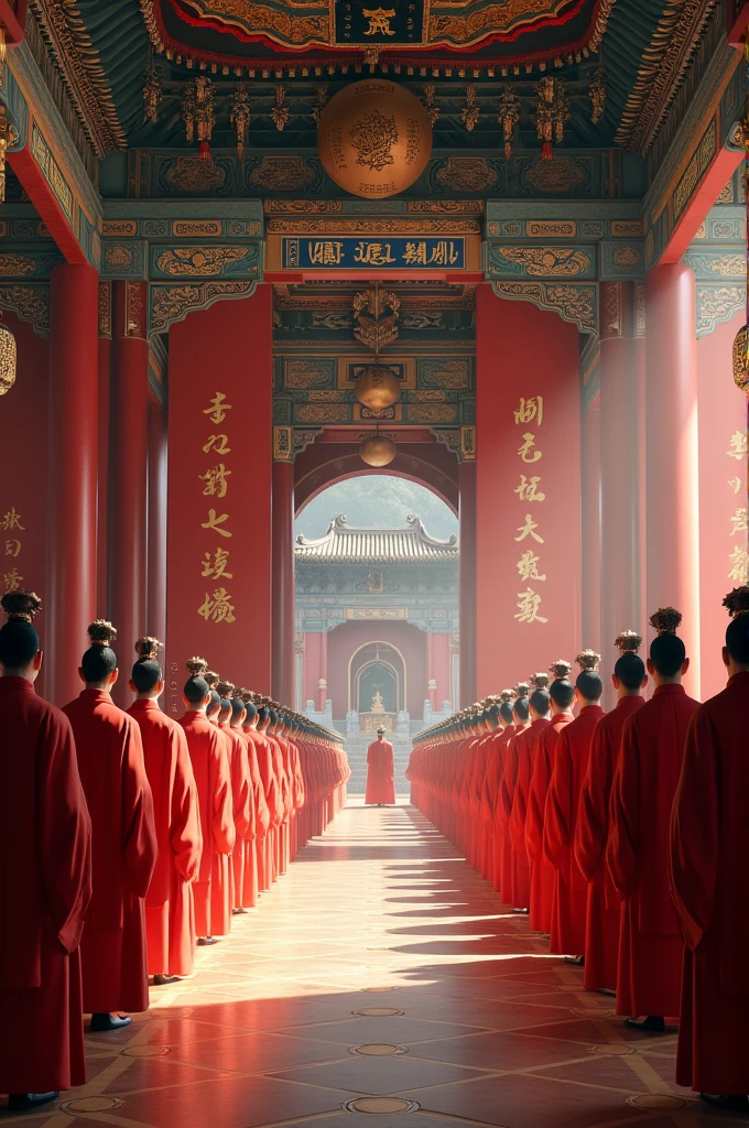The ornate Imperial Court in the Forbidden City. scheme, signifying prosperity and power. Courtiers dressed in elegant Hanfu garments stand in orderly rows, awaiting the emperor's decree.