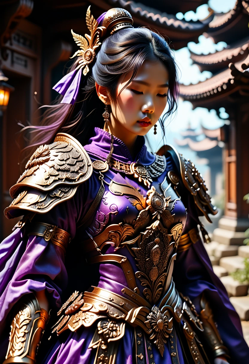 Close-up of woman in gold and purple dress, Chengwei Pan on ArtStation, Ian J., detailed fantasy art, Amazing character art, fanart best art station, epic and exquisite character art, beautiful armor, extremely detailed art, detailed digital anime art, artgerm on artstation pixiv, girl in armor