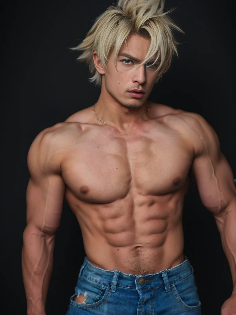 Son Goku,1 boy,malefocus,musculous,Big muscle man,rockery,obi strip,Serious,solo,sparrow hair,Topless male,Torn clothes,ultra instinct,黑The eye,blond hairbl,((tmasterpiece))