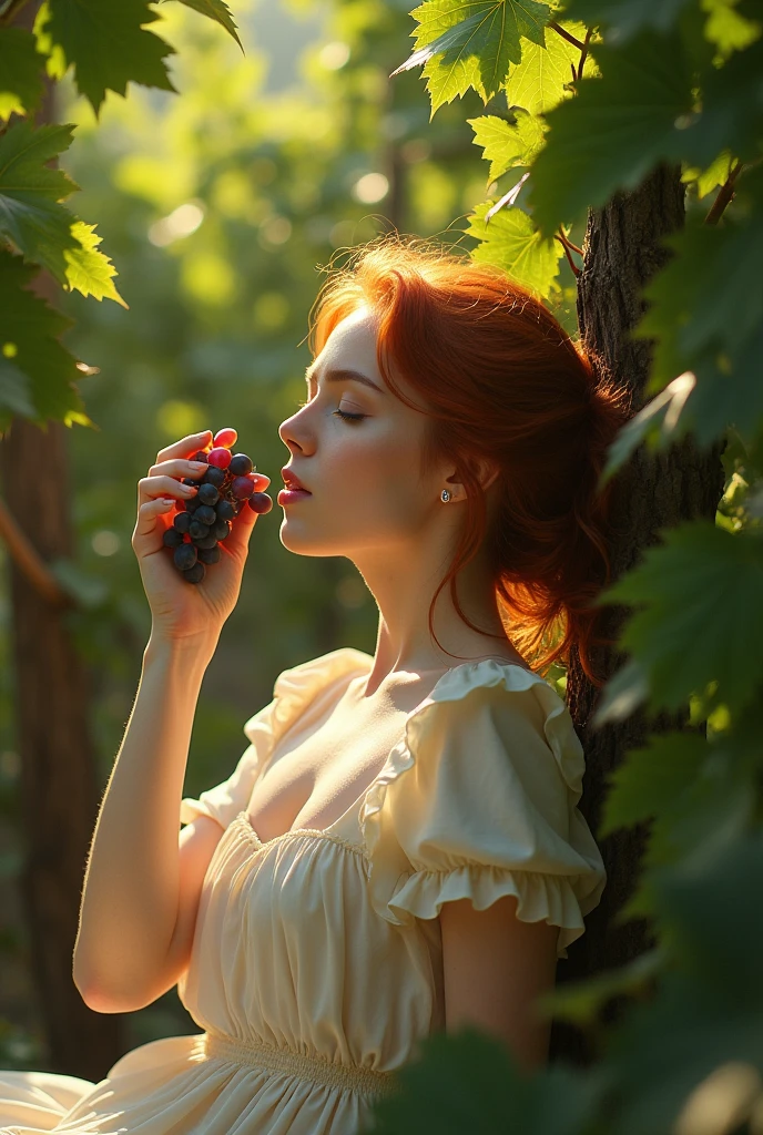 A red-haired girl, 18-years old, crepe dress, sucking grapes among the vines. strong sunshine. Filtro Foggy, David Hamilton Style.