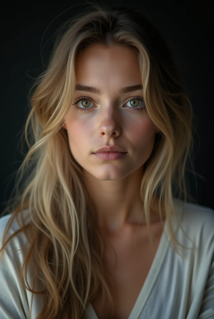 beautiful girl 20 years old, long light hair, light brown eyes,  in a studio with dark background, dressed in a black top. pose frontal, serious expression, detailed eyes. front lighting, highlighting the shadows and textures of the face. Medium format camera with 100mm f/2.8 lens/2.8, UHD 16K resolution, emotional portrait style, with focus on facial details
