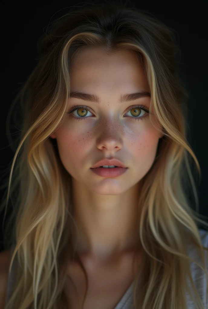 beautiful girl 20 years old, long light hair, light brown eyes, in a studio with dark background, dressed in a black top. pose frontal, serious expression, detailed eyes. front lighting, highlighting the shadows and textures of the face. Medium format camera with 100mm f/2.8 lens/2.8, UHD 16K resolution, emotional portrait style, with focus on facial details