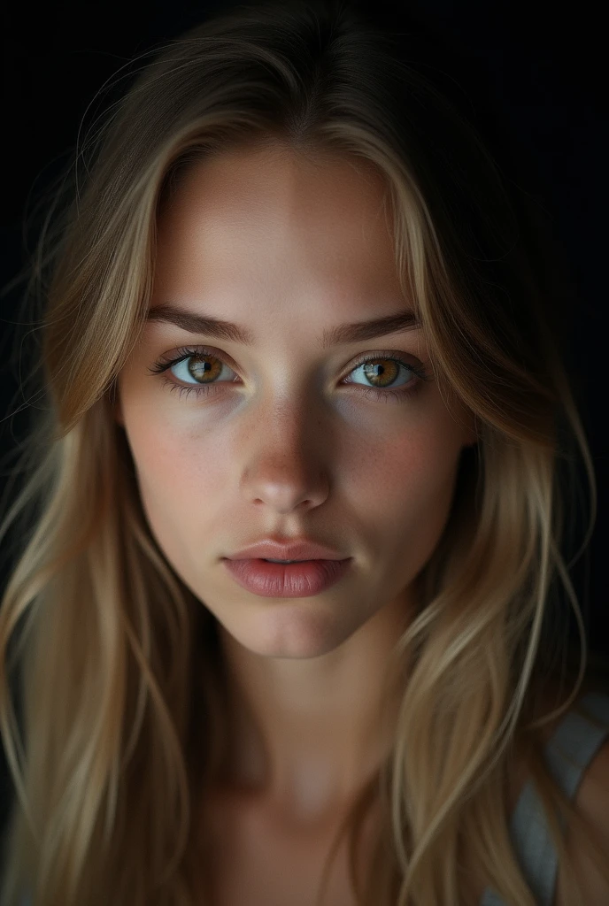 beautiful girl 20 years old, long light hair, light brown eyes, in a studio with dark background, dressed in a black top. pose frontal, serious expression, detailed eyes. front lighting, highlighting the shadows and textures of the face. Medium format camera with 100mm f/2.8 lens/2.8, UHD 16K resolution, emotional portrait style, with focus on facial details