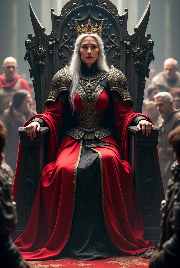 a white-haired, defined-faced middle-aged queen in red and black war armor sitting on an iron throne with a crown and kneeling commoners