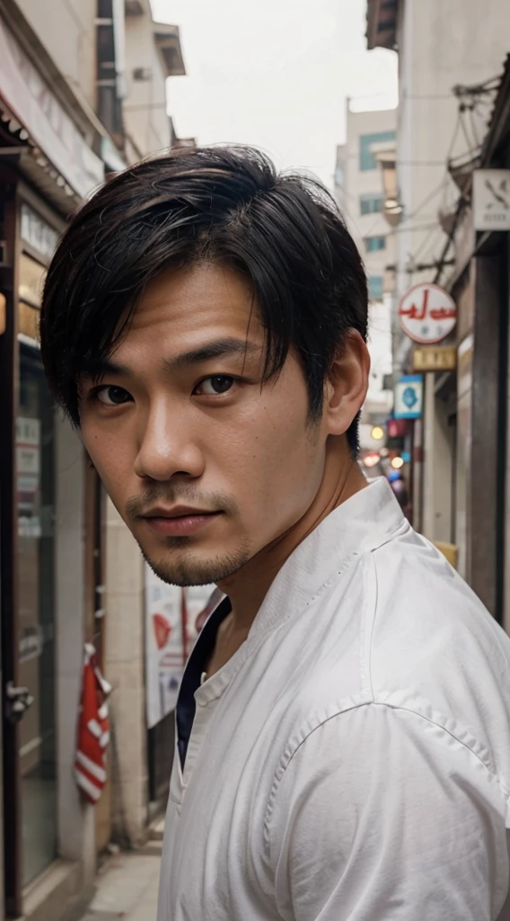 Beautiful face of Asian man, without glasses in the foreground