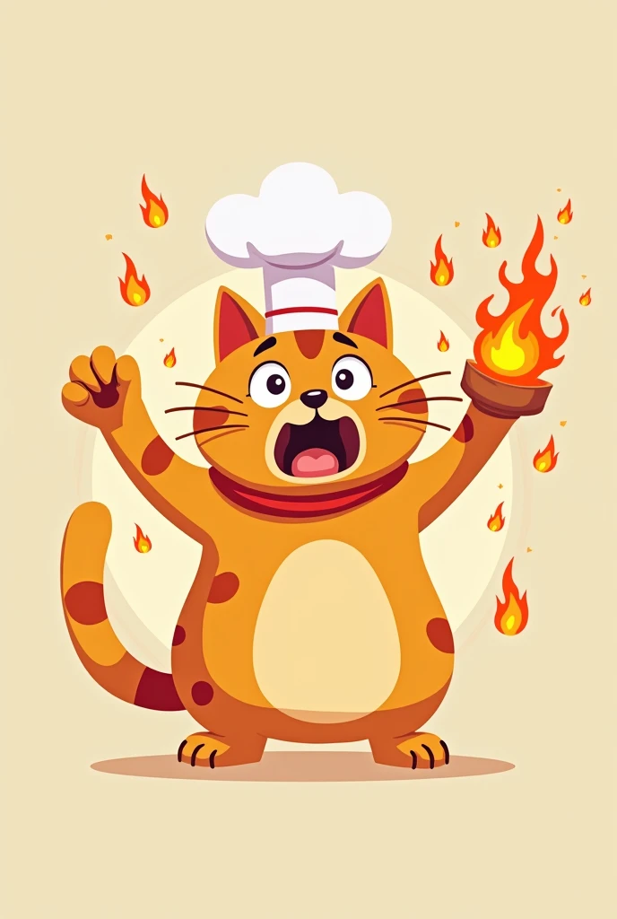 illustration en flat design d'un chat panique qui ressemble à un lucky cat avec un chapeau de chef cuistot et qui crache du feu