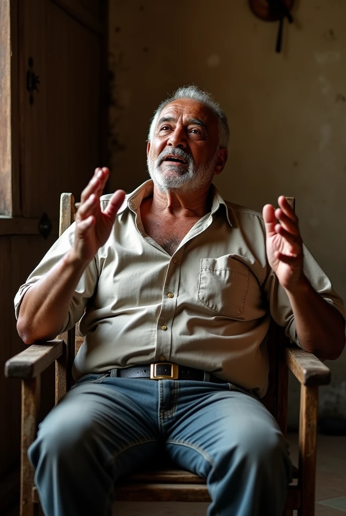 take a picture of a Brazilian guy sitting on a chair telling a story for the image
