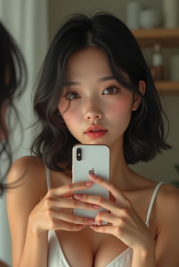 Make a super realistic asian girl tanned girl mirror selfie with a phone ager