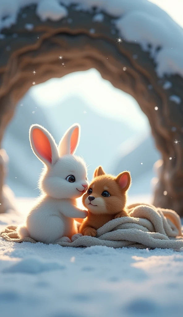 There is snow all around and snow is falling as well. There are mountains behind which are covered with snow. The background must be clear. There is a small white coloured rabbit baby who has small ears and whose eyes are very beautiful, his hair is like feathers. And there is a small dog baby who is smaller than the rabbit, he is very innocent and is brown in colour. There is a stone cave in which there is a light and inside the cave there is a bed. The bed is on the snow. The dog is lying on the bed covered with a blanket. The dog's eyes are open and the dog is looking at the rabbit with great love. The rabbit is sitting right next to the dog. One hand of the rabbit is on the dog's head and with its other hand the rabbit is waving a blanket over the dog. Both the rabbit and the dog are inside the cave. And the rabbit is looking at the dog with love.image in 3d animation