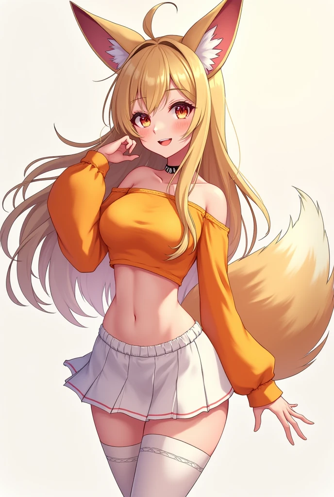 Anime beautiful girl Vtuber style smiley face with a fox ear wearing an beautiful orange crop top, white short skirt and stocking. no background