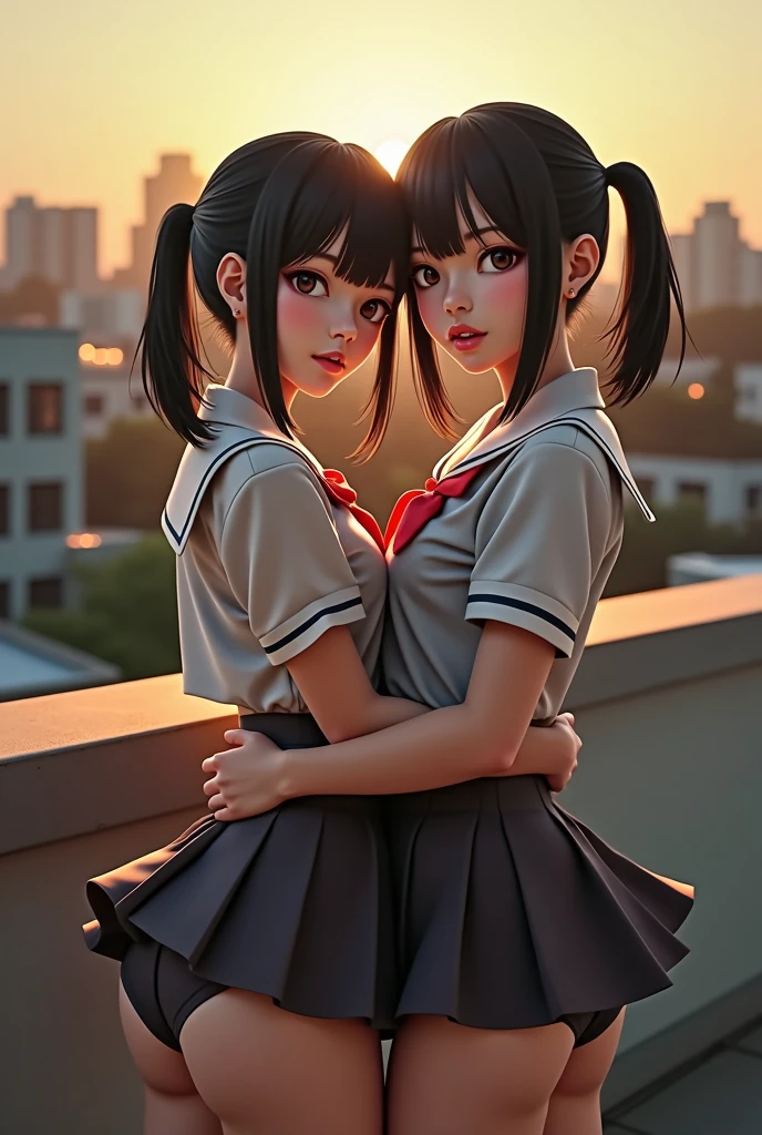 8k, RAW Portrait (Japanese women),masterpiece、Photorealistic:1.3、Realistic, Ultra-high resolution, Highest quality, Real Life Photos ,(Early in the morning :1.1),
((((2 people:1.5)))), (((Two girls showing off their panties in the room)))、(Cute Face:1.3)、2 Japanese adult women,((2 Japanese high school girls))、((3 real adult high school girls))、((Japanese High School Uniform:1.6))、 bionde,Slender body,、On the roof of the school building、((Short Twin Tails))、
big, beautiful, Detailed eyes, Black Hair,(Written boundary depth:1.3)、 ((Dark brown eyes:1.2))、(Realistic skin texture:1.3)、(Immersive atmosphere:0.8、clair obscur:1.2) 、(Viewer:1.3)、((Embarrassing))、((Ceiling from below:1.2))、(smile:1.2)、((She's wearing tiny silk panties))、((Panty shot))、((A woman rolling up her skirt))、((From below:1.15))、((Panties close up:1.32))、((Panty shot))、the most beautiful woman in the world、the most beautiful woman in the world、((Spread your legs out to the side:1.4))、Too much natural light、The blazing sun、