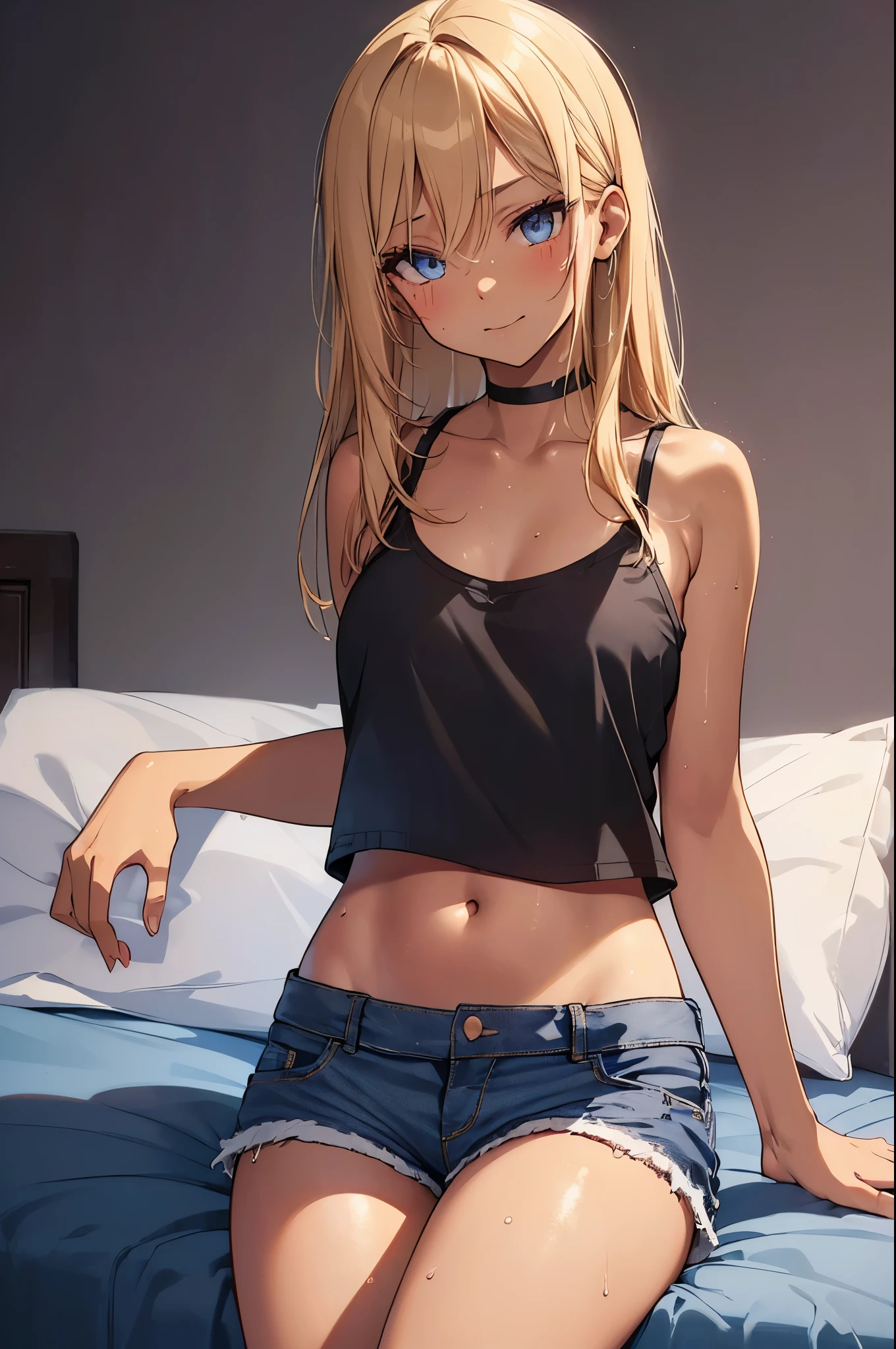 sitting bed, grin, ((school girl)), (((denim short pants))), ((belly-baring outfit)), ((simple black camisole)), (wheat-colored skin), (((tanned skin))), (((Suntanned skin))), (((Forehead))), (blonde hair), (long hair), (blue eyes), (slant eyes) (full makeup), Eyeshadow, Mascara, Eyeliner, False eyelashes, lash extensions, ((bed room)), (((night))), (((darkened room))),(sweat), (wet skin), ((erotic)), ((sensual)), (simple wall background), (((simple background))), (Close-up of a girl), warm color scheme, Extremely exquisite body, beautiful detailed glow, cinematic lighting, 4K illustration, masterpiece, best quality, by top artist, by famous artist, by plo artist, Authentic shiny skin texture, Soaked skin, radiant skin,