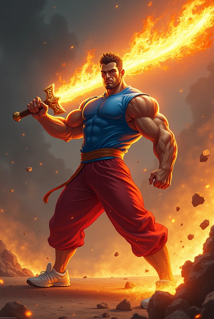 a man with a blue blouse, red pants, white shoes, in a fighting pose with a fire sword