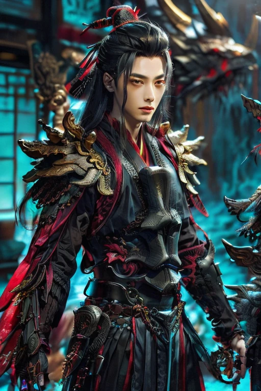 Handsome young xianxia protagonist,man,guy,long black obsidian hair, use floating phoenix crown,Crimson red eyes ,eyes focus detailed((no noice)),(((no noice))),and long black hair ,(no noice)),use armour featuring like pattern on taotie chinese divine beast((search image for taotie chinese beastiary))with black dominant color,pauldron protective shape like dragon head,breastplate featuring like Tao tie,breastplate detailed featuring taotie shape,shoulder protective dragon shape like taotie,sun and moon background, black dominant color,black dominant color, black dominant color armour,with majestic silver line , ((no noice))And demonic red wings at back,wings at back,terrifying aura around,24K ultra hd,face and eyes detail,lips and face detail,masterpiece ,better quality,ultraa realistic face((no noice)),good face proportion,non noice face,reality face,eyes detailed,((perfect face)),perfect eyes ,perfect lips proportion((balance lips)),perfect face proportion,((balance proportion of face)),((balance and perfect left and right eyes proportion)),((masterpiece))
