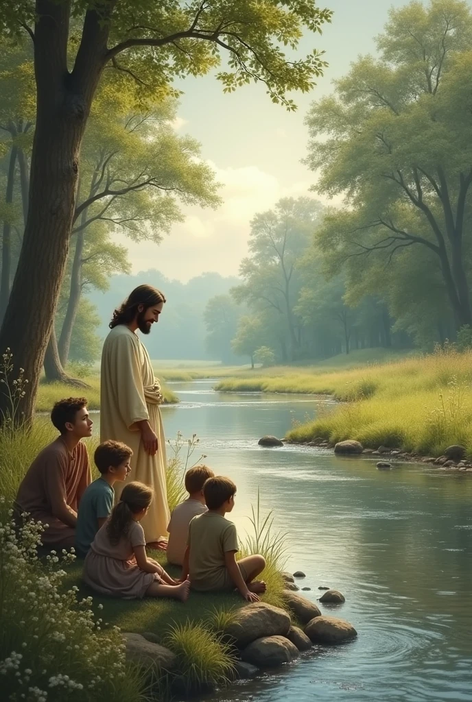 far away by the river sit children and Jesus