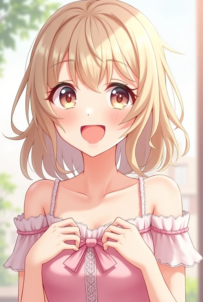 	1.	Hairstyle: She has light-colored, medium-long hair.。Hair should be straight、The hair tips are slightly curled。The bangs are swept diagonally.、It has a clean feeling.。
	2.	Eye color and shape: big、Has round eyes。The eye color is light、It gives an impression of cuteness and vitality.。
	3.	Skin color: Healthy and bright skin tone。Transparent、like々brings out the beauty。
	4.	Body Type: Overall slim、The style is good。It has a slender yet soft line.、Gives a feminine feel。
	5.	Clothing style: There are lots of cute clothes、Pastel colors and frilly outfits are especially popular.。The clothes emphasize a lively and energetic image.。
	6.	expression: Always bright、There are lots of smiles。親しみやすさと元気さを兼ね備えたexpressionが特徴で、コミカルなexpressionや驚いた顔なども可愛らしく描かれています。