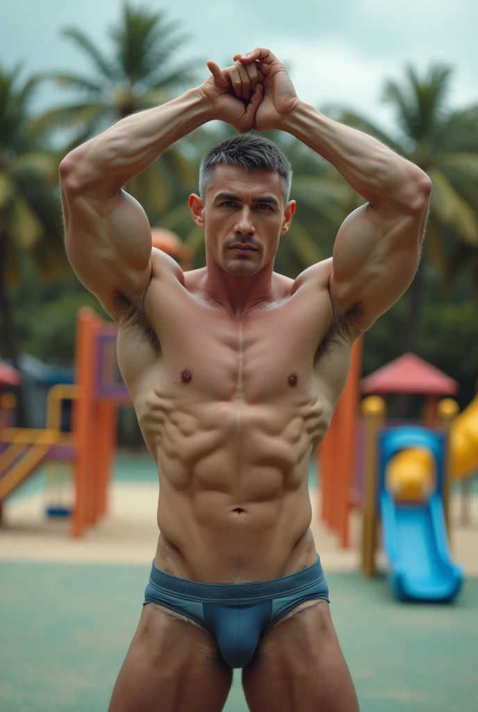 (Very detailed 8k wallpapers), Cross your hands upwards and backwards, On the playground, High Detail, Very short hair,, The body is very strong, Muscle bulge, muscular, Very large pectoral muscles. Very sexy abdominal muscles, 腿部muscular, Fit body, Lightens oily skin, muscular, Vest, Long Shot, Wide-angle lens，No body hair，handsome guy,Cold white skin，tall and tall
