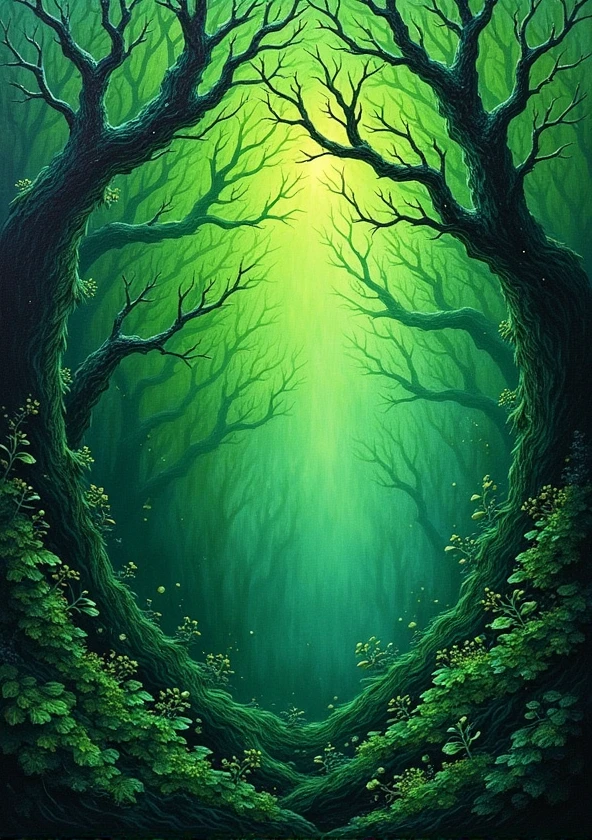 Create an abstract art piece inspired by forest landscapes with deep greens and layered textures.