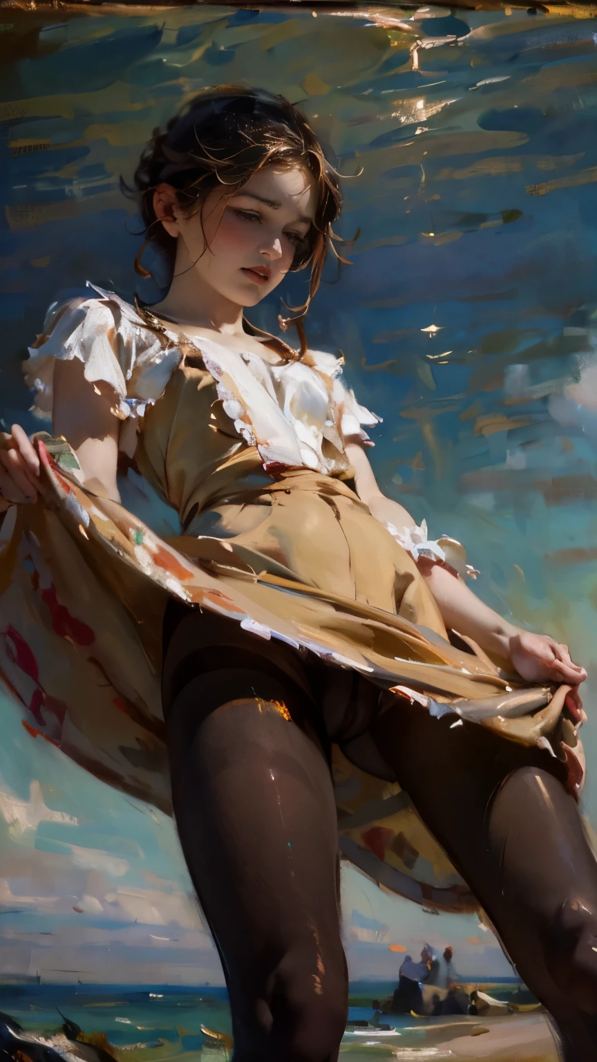 drooping eyes, sleepy face, (the secret behind the rock, feminine clothes, takeoff bottom), open legs, masturbation with stuff, (((dark pantyhose))), (showing off her pubic hair), closeup crotch, near the beach, sea, (((old oil painting, impressionism))), angle from below,