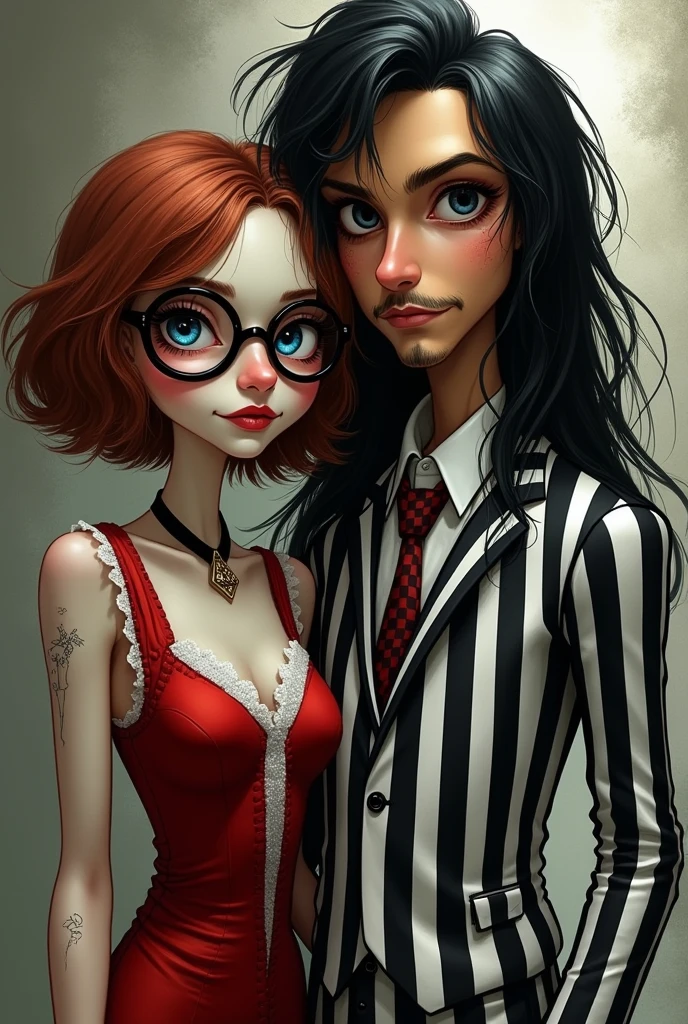 Comicrealism 1.2) create Tim Burton esq Couple
The Boy is slighty buff and has long black glam metal hair and the white and black striped suit of BEETLEJUICE, he has light brown skin, brown eyes and a barely viable mustang. The girl has short red brown hair and prominant red bangs, pale skin, blue eys, glasses and a red dress in the style of LYDIA DEETZ from the movie BEETLEJUICE.
Also put also Text on the artwork: MELO & TET
Make then look crazy and weird