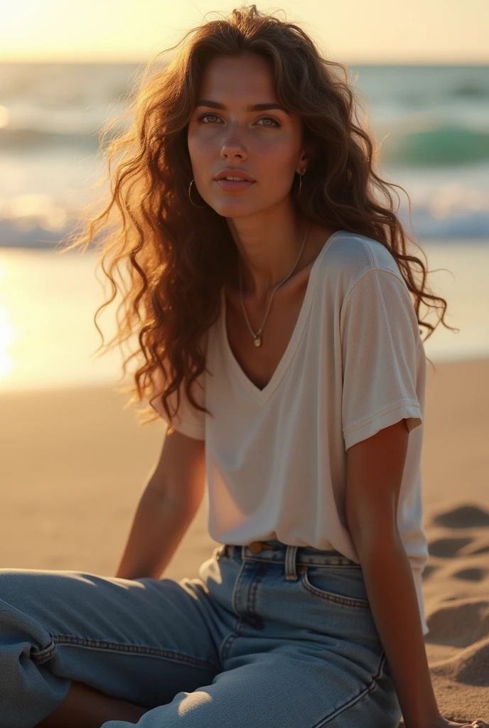 (photorealism), beautiful woman, sitting on beach, wearing loose tshirt, jeans pants, long curly hair, , soft lighting, background a beach, have sunlight, relaxed pose, realistic, warm color. 