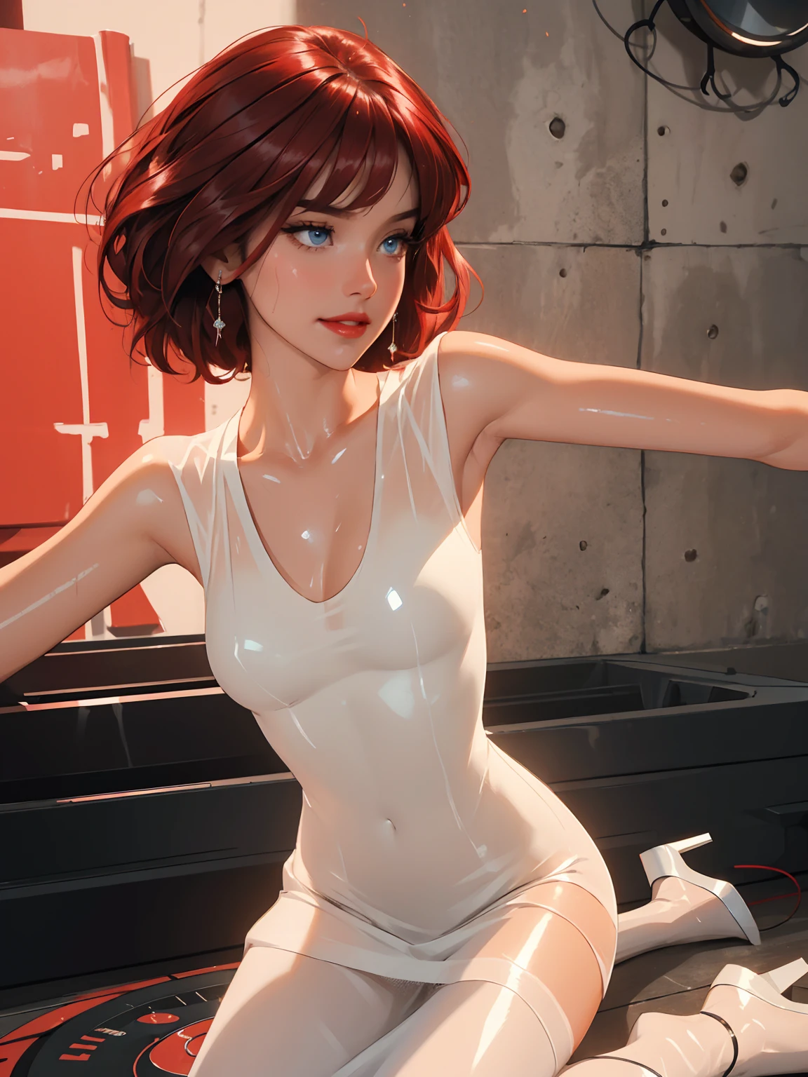 1girl,a beautiful fashion model ,(masterpiece, detailed background, best quality),short and shiny hair, red hair, hair with highlights, bangs, smirk,juicy lips,red lips, calmart, lingerie, stripping, elegant makeup, blue eyes, full body shot, (shiny skin), cyberpunk, sci fi, boa, extravagant jewelry, cocky expression, covered in jewelry, fancy, see through white dress, shiny skin, wet skin. running hand through hair, high heel agaibst the wall, hair flip, sweat, dj, lights, beat spins you round