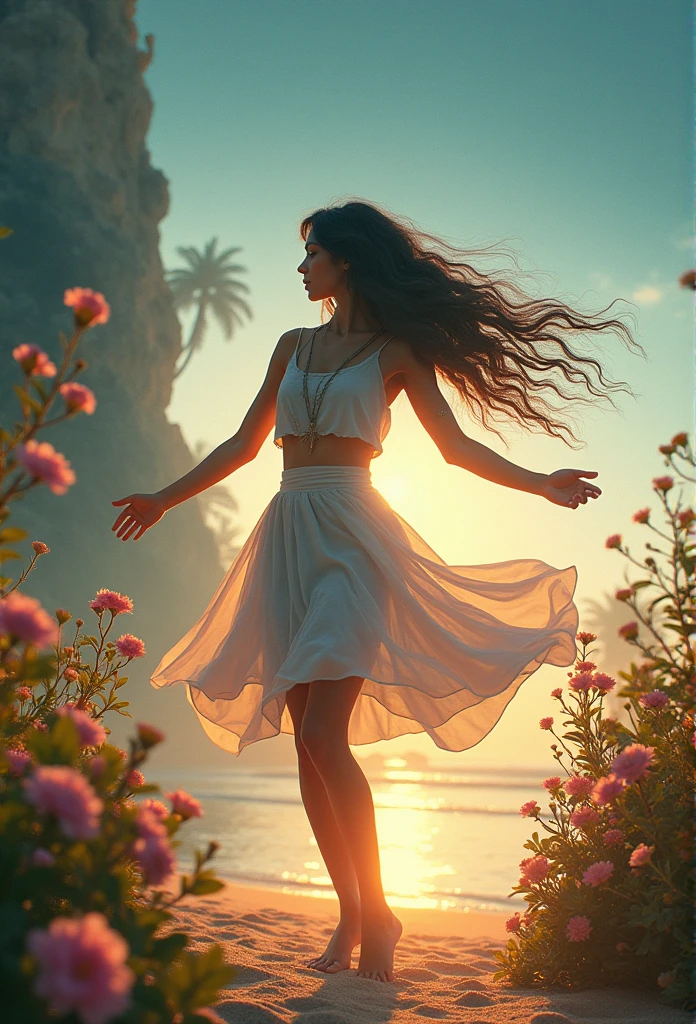 Bright Themes, Mysterious and luminous spiritual environment, celestial body atmosphere, realistic, 1 beautiful egyptian girl, short skirt, Shall we dance_Dynamic pose, aesthetic, , Beach, flowers, nature, (double exposure background through 아름다운 woman transparent silhouette figure), (shining spiritual atmosphere, Fascinating Light, shining lights, celestial body atmosphere, Fascinating Light, complementary color, Fascinating colors, dramatic lighting, Aura of fascination), closeup,