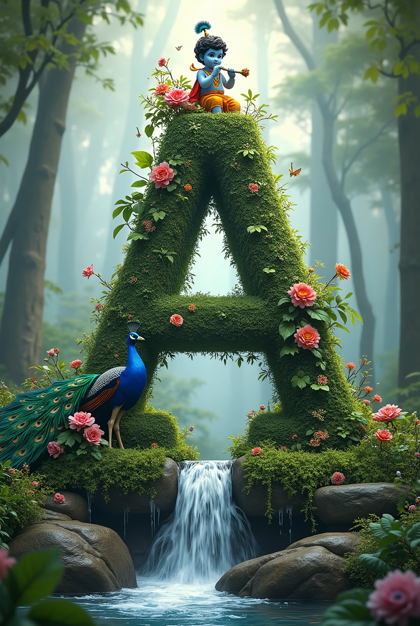 "A stylized letter 'A' covered in lush greenery, with vines, flowers, and leaves growing on it. A gentle waterfall flows down one side of the letter, merging into a small stream at the base. In front of the letter, depict Lord Krishna as a child with light blue skin, playing the flute. He is adorned in traditional clothing with a peacock feather in his hair. Beside him, a vibrant peacock spreads its colorful feathers. The background features a serene, misty forest with trees and soft light filtering through, creating a peaceful and divine atmosphere. Butterflies and small creatures add life to the scene