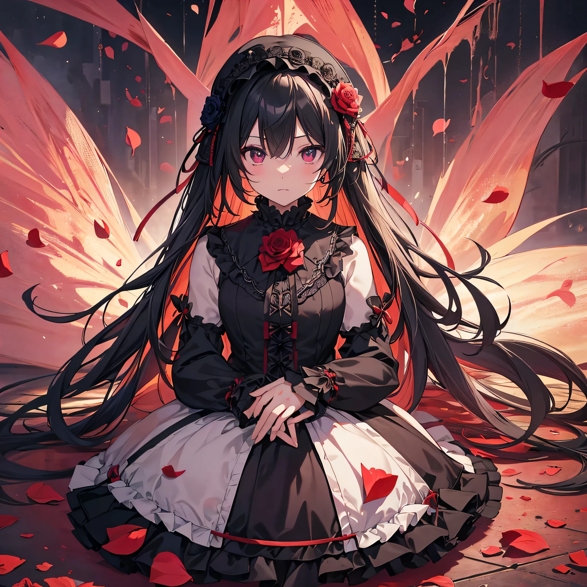 High resolution, Attention to detail, high quality, High resolution, 最high quality, 4K, 8k, Awards、break、Gothic、Gothic ta、break、Rose petals falling、Mystical artwork、Flat Color、Rose Floor Background、Wide-angle lens、alone,1 person