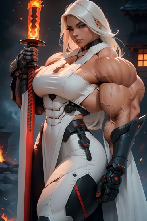 (((Close-up))), tall, (White hair), beautiful muscular cybernetic female ninja, (long straight hair), black lipstick, brown skinned, closed smile, large breast, (massive muscles), (hyper muscle), (((ginormous bulky muscles))), blue eyes, (ninja mask), ((white cybernetic ninja armor top)), ((white cybernetic ninja armor pants)), choker, cybernetic boots, ((holding a massive fire sword)), (in front of a burning castle), 