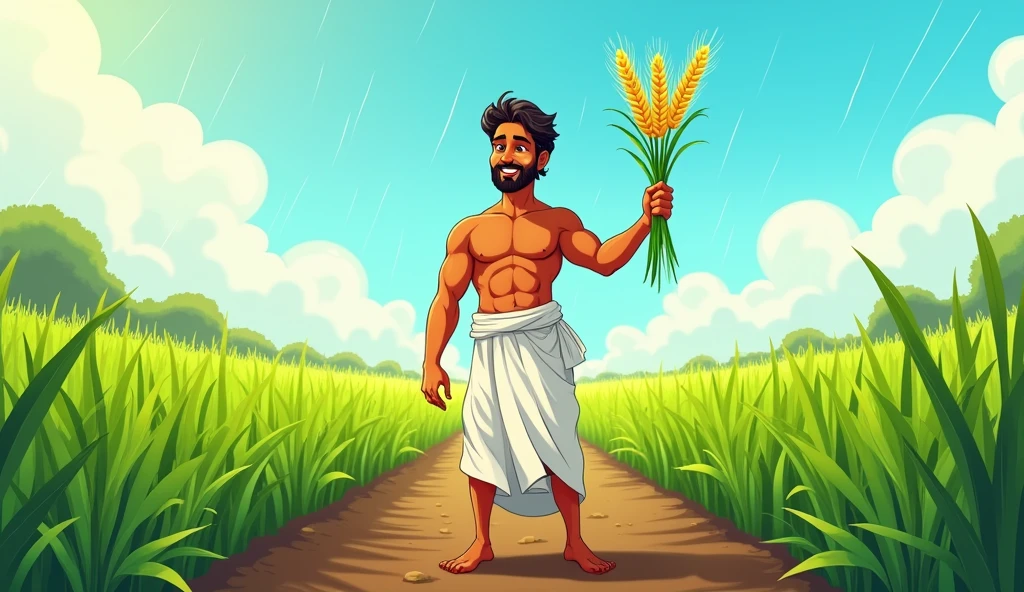 Dhruv’s Healthy Crops After the Rain
Description: In a comic style, Dhruv is standing in his field, now lush and green after the rains. He’s holding a healthy stalk of wheat, looking proud and content. He’s still dressed in his white dhoti and brown kurta, which are now clean and bright under the sunlight.dhruv must look indian